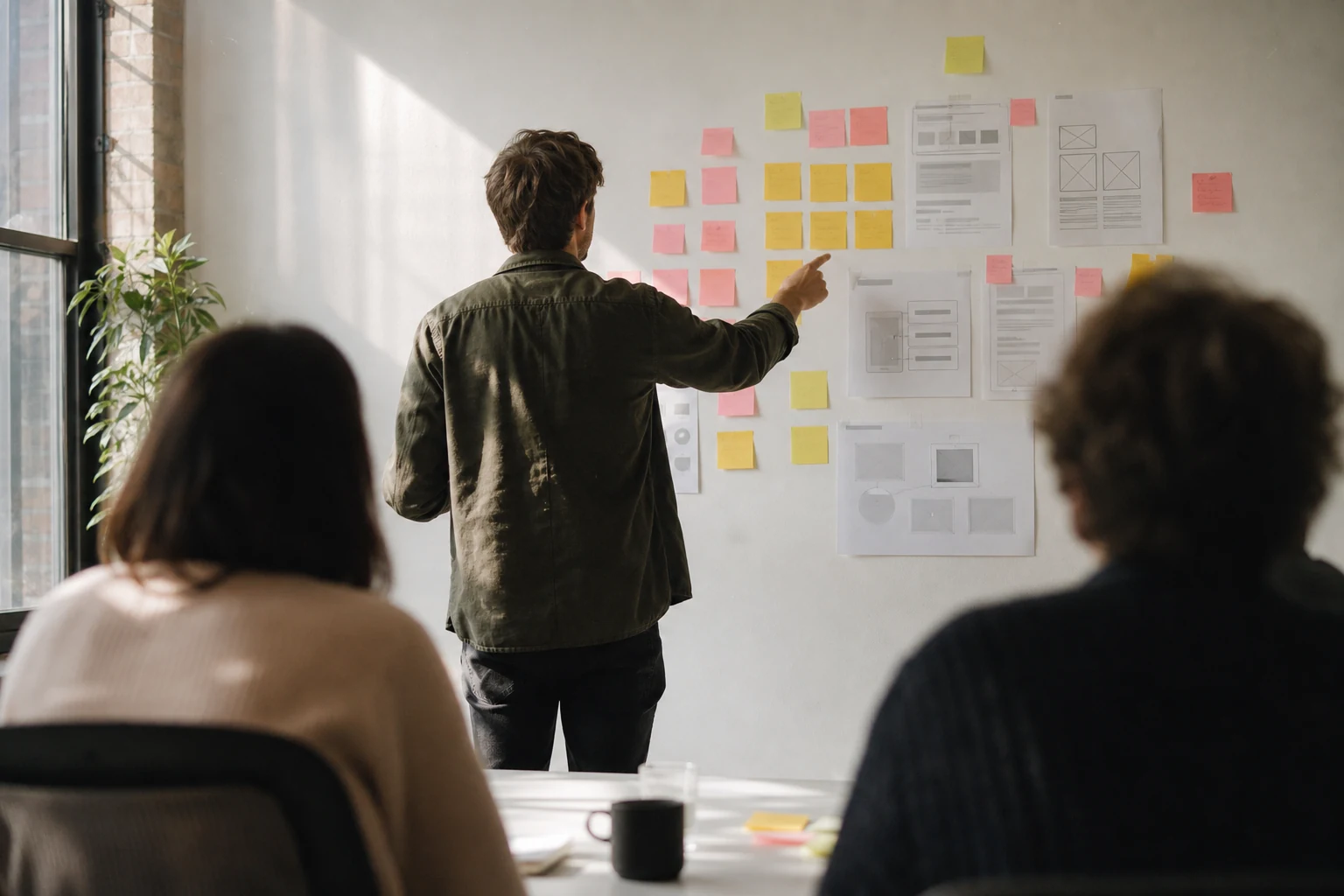 A person presenting wireframes and sticky notes pinned to a wall to two colleagues seated at a table.