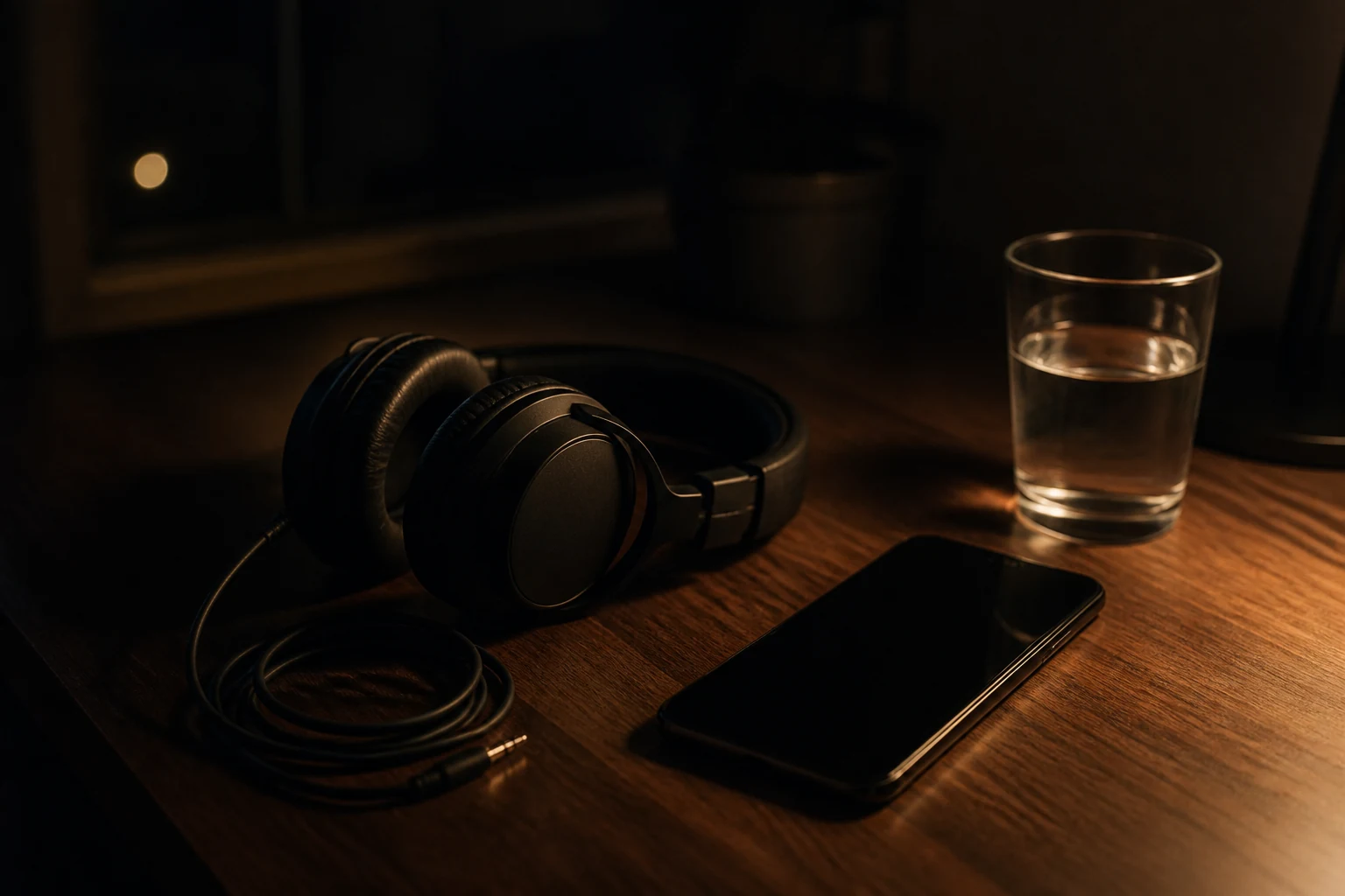 Headphones, a phone and a glass of water on a dark wooden table, lit warmly at night.
