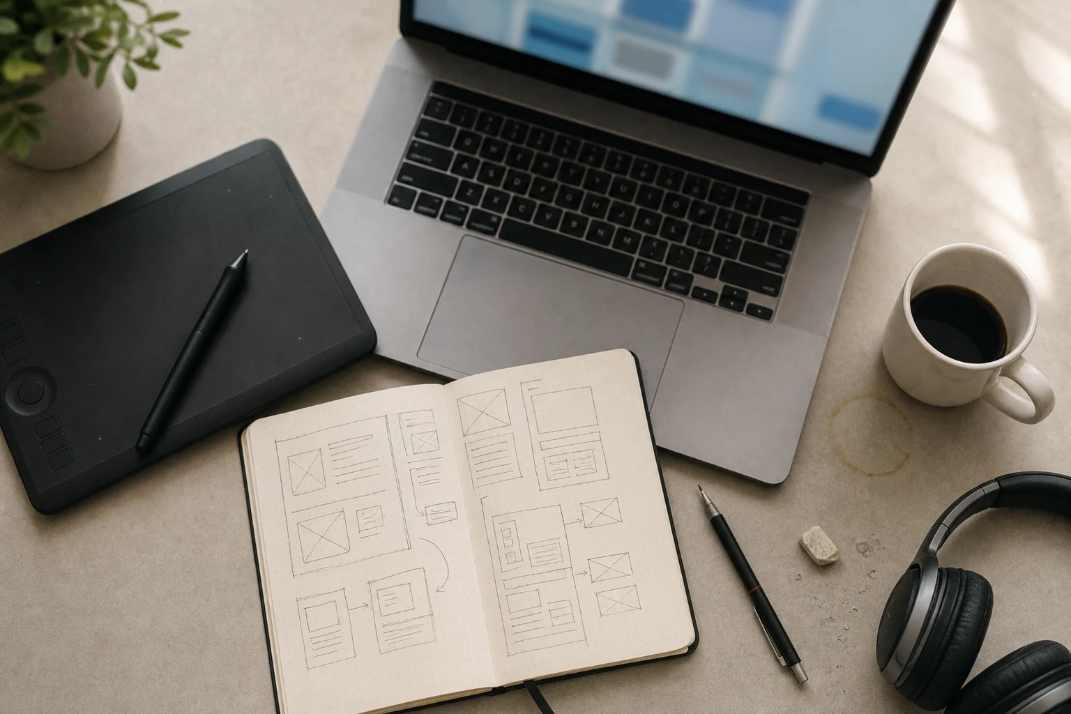 A desk with a laptop, a graphics tablet and pen, an open sketchbook with wireframe thumbnails, headphones and a cup of coffee.