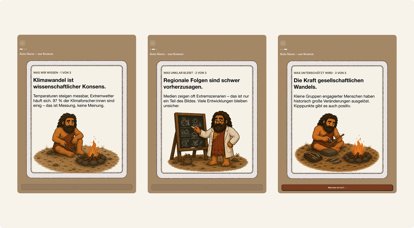 Three screens from the prototype's "Kein Alarm — nur Kontext" sequence: what we know, what remains unclear, and what is underestimated, each illustrated by the Neanderthal character.