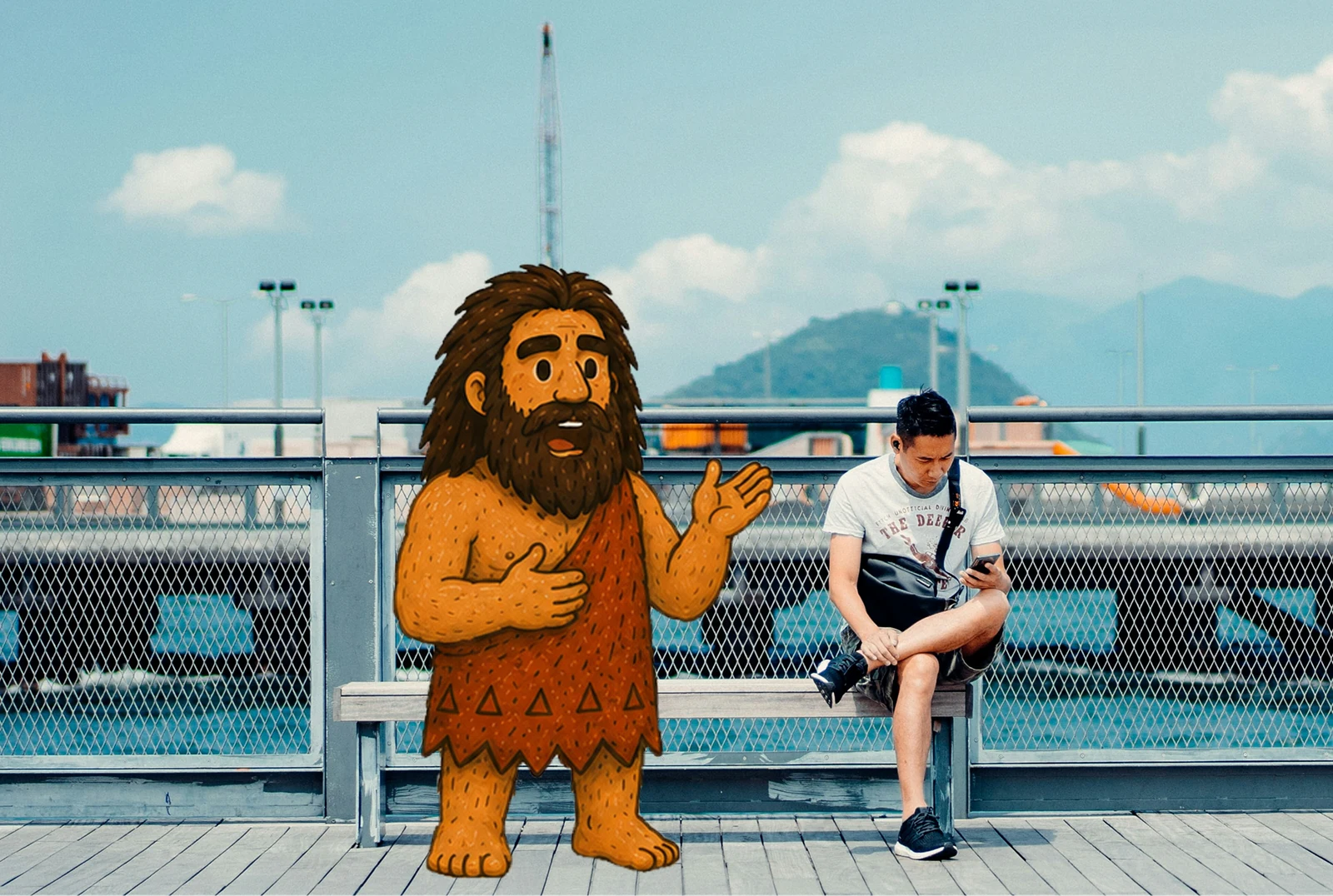 The Embr Neanderthal mascot, a 2D illustrated character, composited next to a real person sitting on a bench looking at his phone.