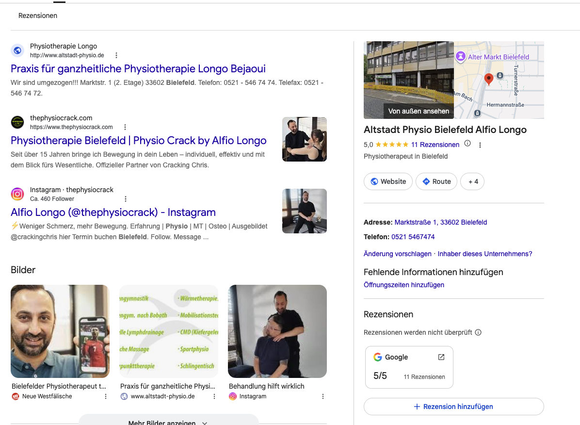 Google-Suchergebnis für eine Physiotherapiepraxis. Rechts neben den Suchergebnissen steht das Unternehmensprofil mit Name, Bewertung, Adresse und Telefonnummer.