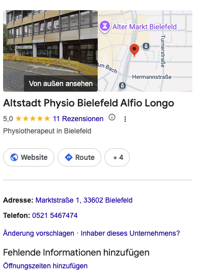 Das Unternehmensprofil aus der Nähe: Foto und Karte, darunter Name, Bewertung, Kategorie, Adresse und Telefonnummer.