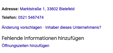 Der untere Teil des Unternehmensprofils mit Adresse, Telefonnummer und den blauen Links „Änderung vorschlagen“ und „Inhaber dieses Unternehmens?“.