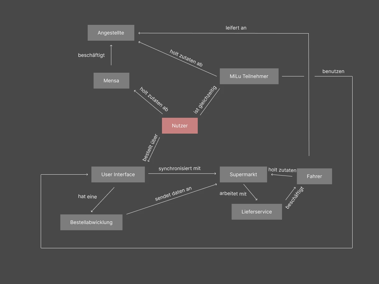 Stakeholder map for the MiLu service design project showing all actors and relationships