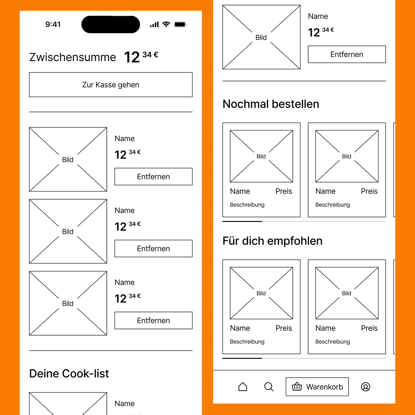 MiLu cook-list screen wireframe with weekly dish overview and share function