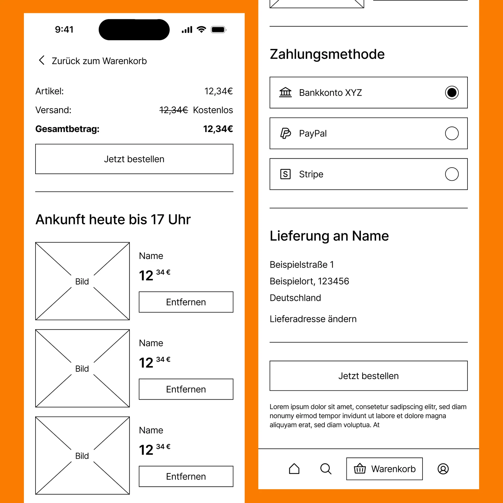 MiLu checkout wireframe showing address and delivery window input