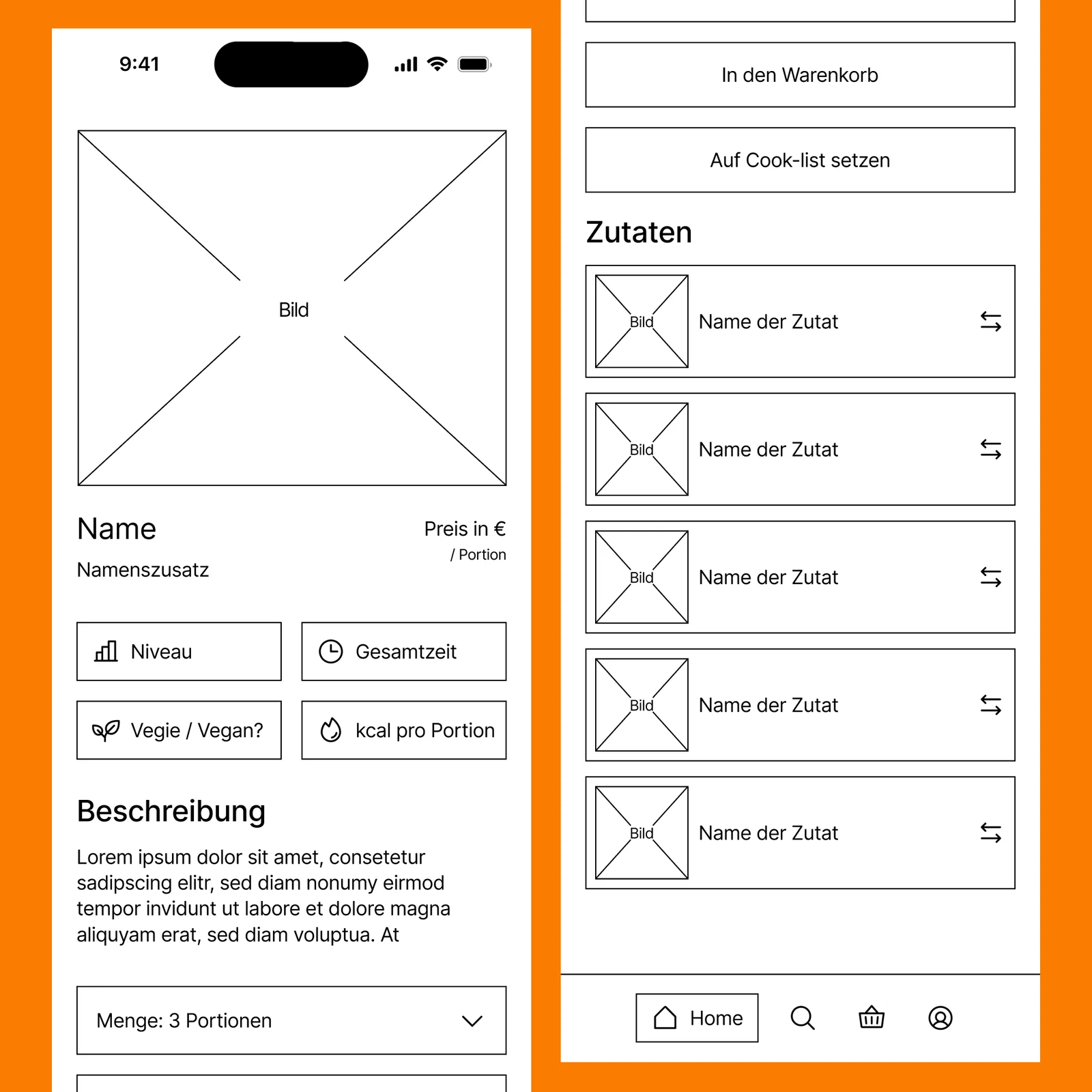 MiLu dish detail screen wireframe with portion selector and cook-list CTA