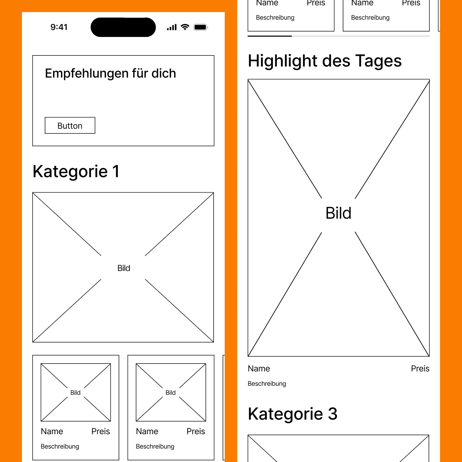 MiLu home screen wireframe showing hero dish and three browse lanes