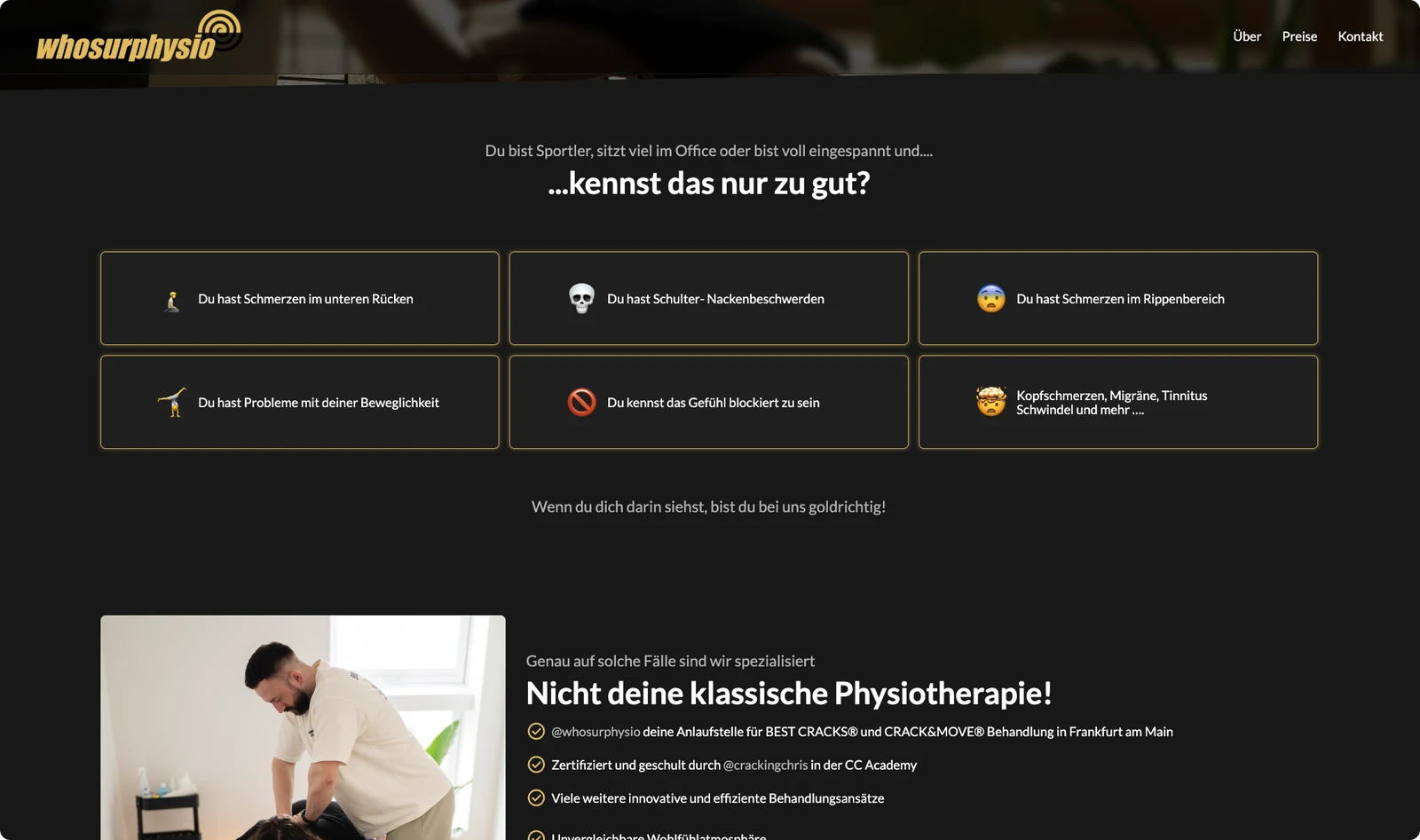 Screenshot of the original whosurphysio one-pager, built in Webflow.