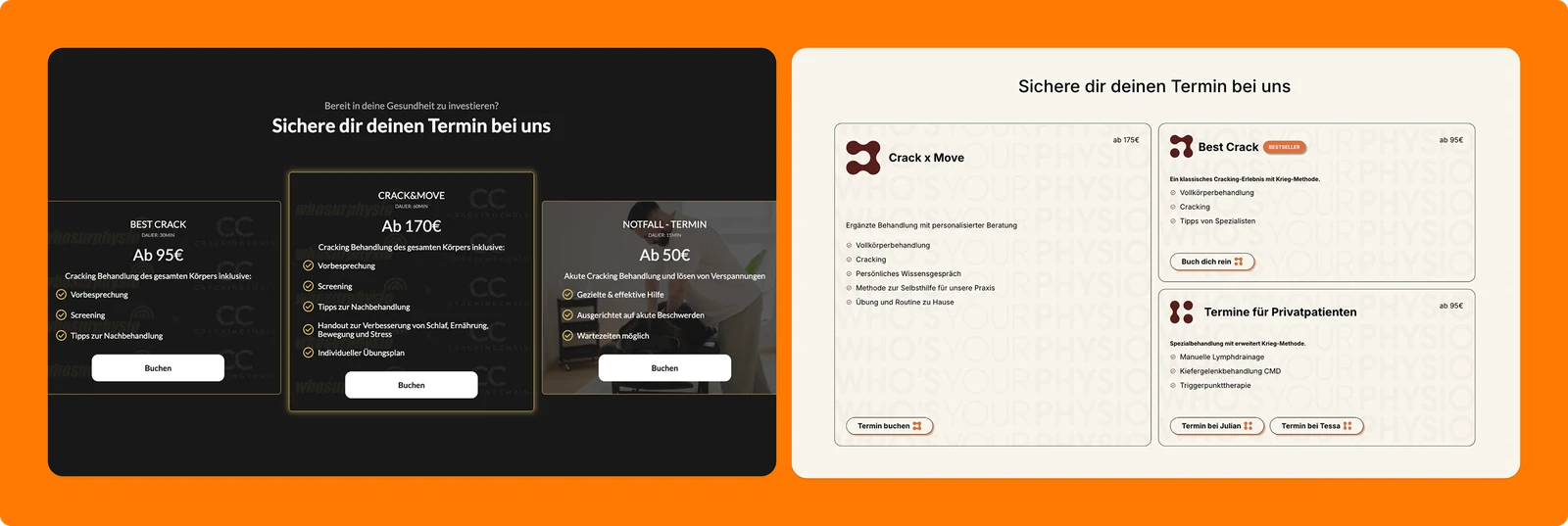 Side-by-side comparison of the old and new booking section, same content, different register.