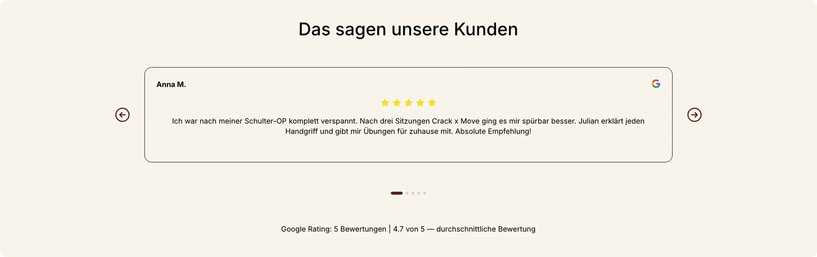Testimonial slider showing a live five-star Google review with the Google source mark and aggregate rating.